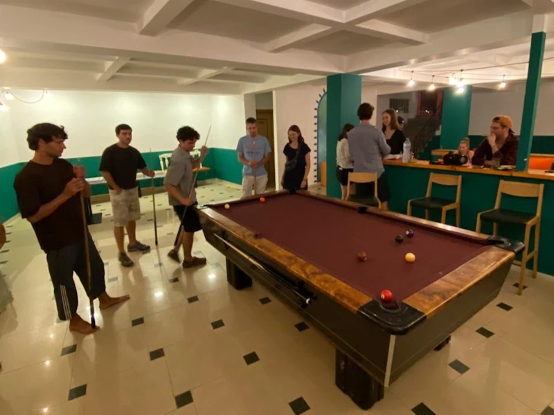 The games room at Pink Bubble hostel