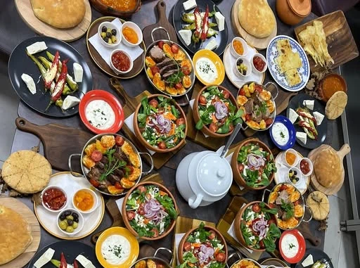 Traditional Albanian dishes spread on a table